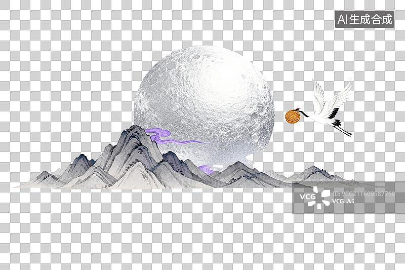【AI数字艺术】仙鹤衔珠飞越山峦月夜图图片素材