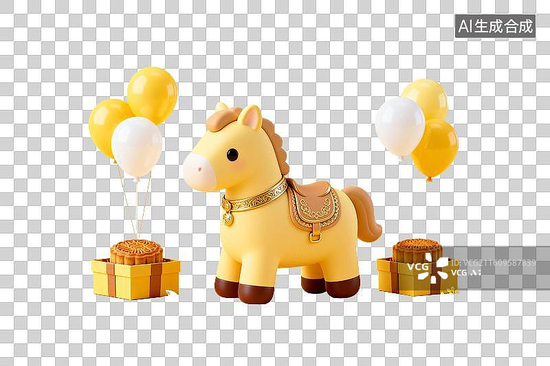 【AI数字艺术】黄色小马与月饼礼盒气球装饰图片素材