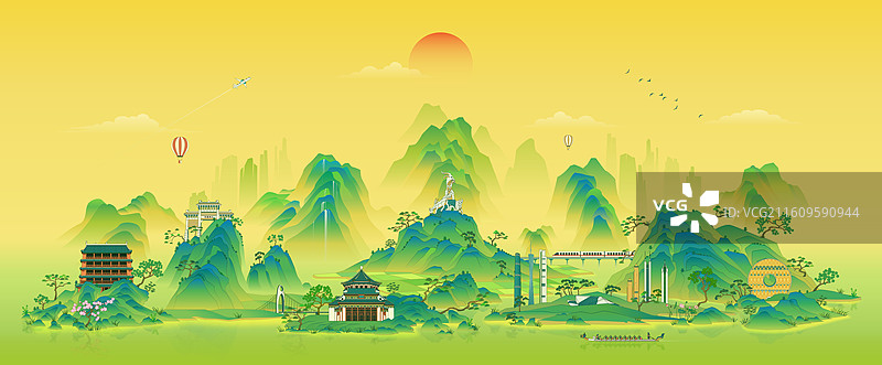 广州城市建筑千里江山国风插画图片素材