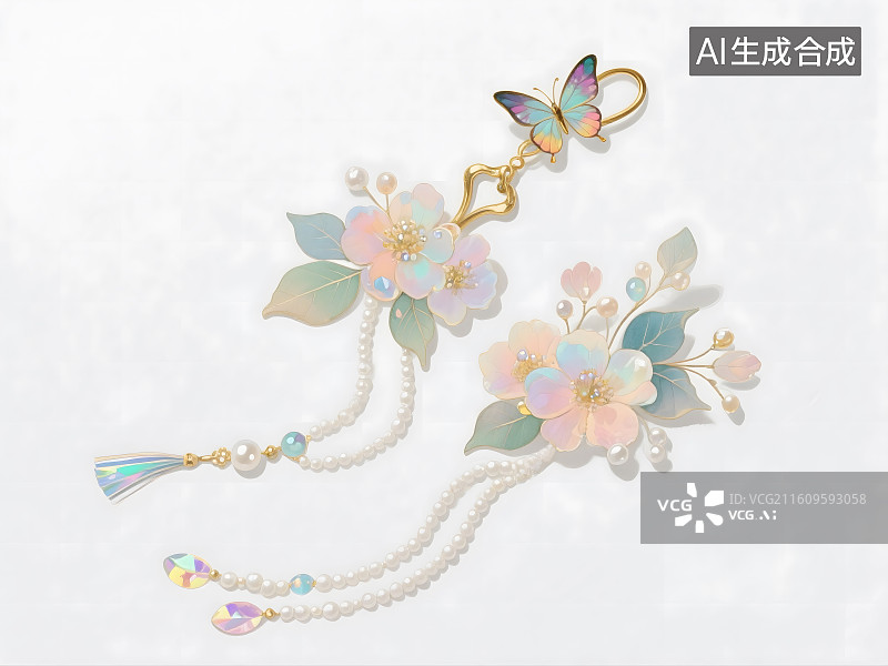 【AI数字艺术】国风古风饰品，插画，大小两簇花（带少量水珠），配叶片、珍珠串、幻彩水晶流苏图片素材