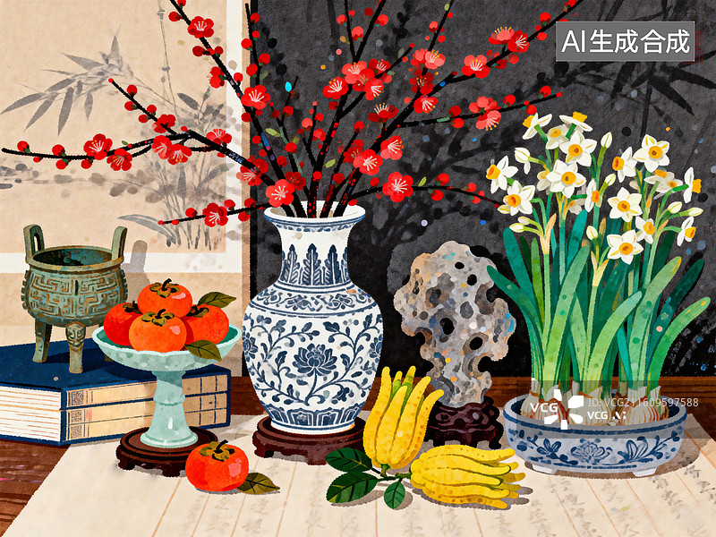 【AI数字艺术】岁朝清供，春节案头清供 中国传统节日插画系列图片素材
