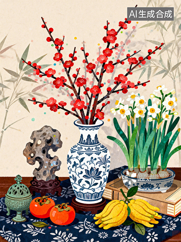 【AI数字艺术】岁朝清供，春节案头清供 中国传统节日插画系列图片素材