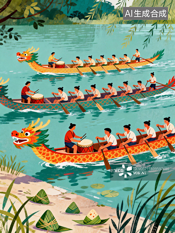 【AI数字艺术】江上端午节赛龙舟 中国传统节日插画系列图片素材
