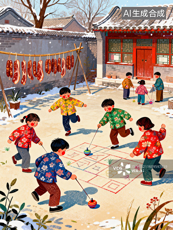 【AI数字艺术】四合院空地里，一群孩子在玩游戏图片素材