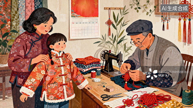 【AI数字艺术】母亲给女儿试穿新棉袄 裁缝在制作中国结 中国传统节日插画系列图片素材