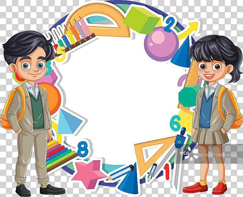 圆形相框中的儿童与学习用品图片素材