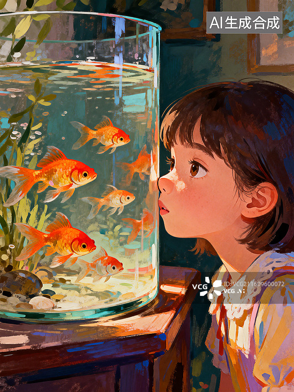 【AI数字艺术】小女孩开心的鼻尖贴着鱼缸观察金鱼图片素材