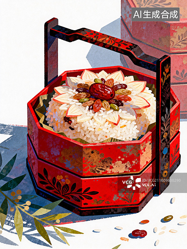 【AI数字艺术】朱漆提盒里码成莲花的八宝饭图片素材