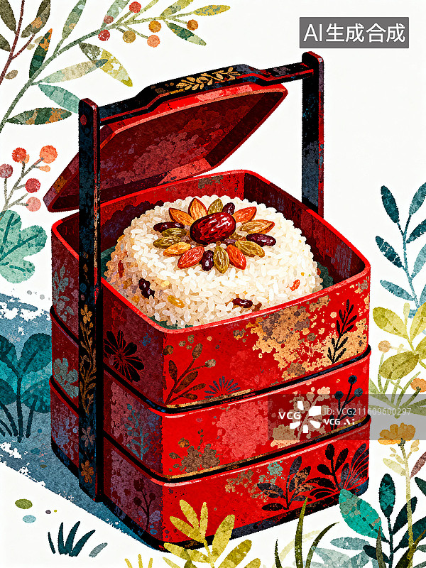 【AI数字艺术】朱漆提盒里码成莲花的八宝饭图片素材