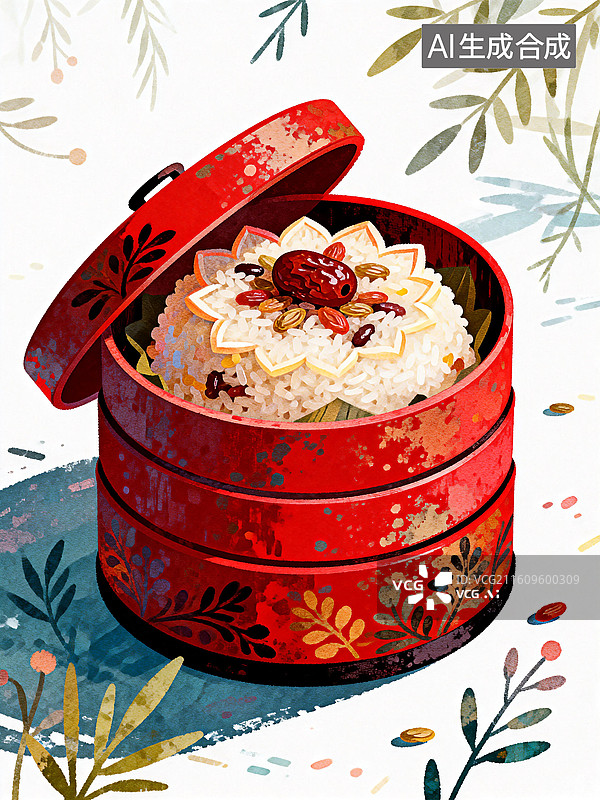 【AI数字艺术】朱漆提盒里码成莲花的八宝饭图片素材