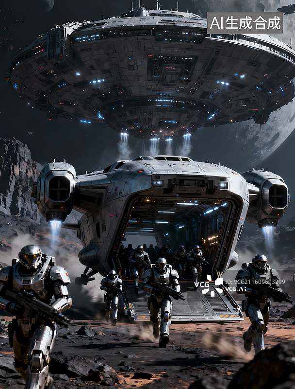 【AI数字艺术】星际舰队登陆外星科幻外星基地场景图片素材