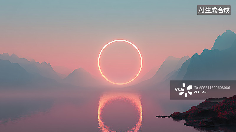【AI数字艺术】未来光环水墨风格湖景图片素材