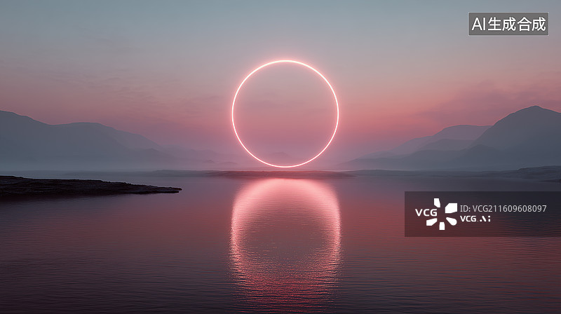 【AI数字艺术】未来光环水墨风格湖景图片素材