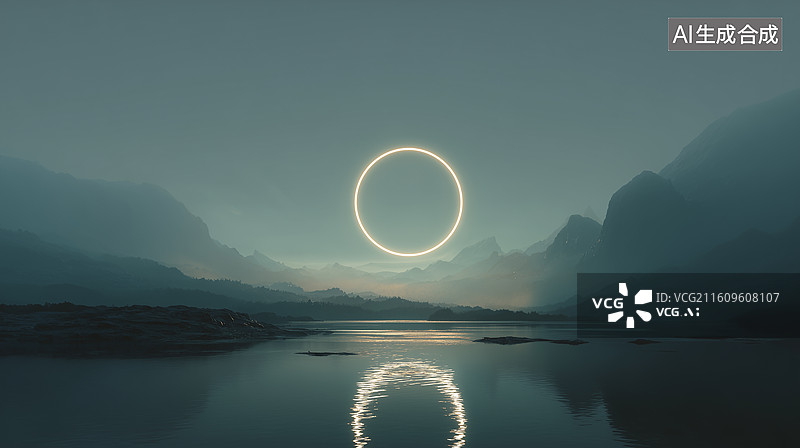【AI数字艺术】未来光环水墨风格湖景图片素材