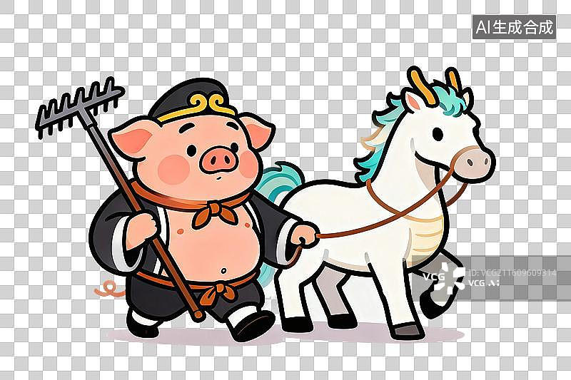 【AI数字艺术】卡通风格，西游记，猪八戒扛着钉耙，牵着白龙马PNG格式的免扣元素图片素材