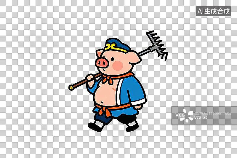 【AI数字艺术】卡通风格，扛着九齿钉耙的猪八戒PNG格式的免扣元素图片素材