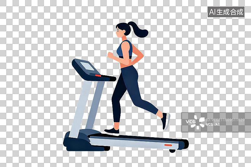 【AI数字艺术】卡通风格，正在跑步机上锻炼的女子PNG格式的免扣元素图片素材