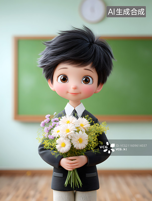 【AI数字艺术】一个小男孩手里拿着鲜花图片素材