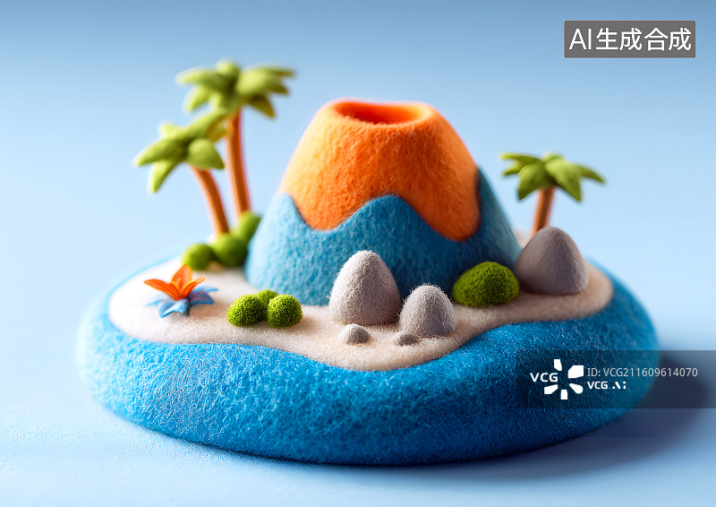 【AI数字艺术】卡通毡毛风格一座有火山的小岛图片素材