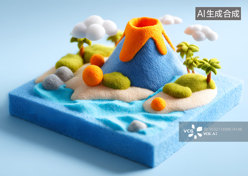 【AI数字艺术】卡通毡毛风格一座有火山的小岛图片素材