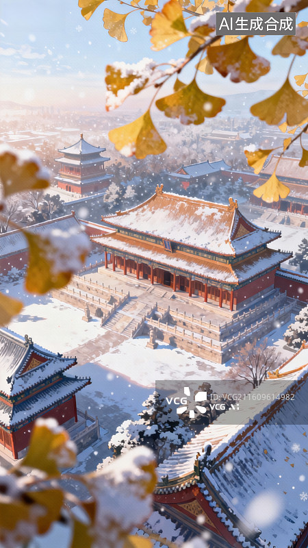 【AI数字艺术】雪中古建筑群秋叶点缀图片素材