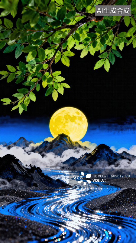 【AI数字艺术】月下山川流水夜景图片素材