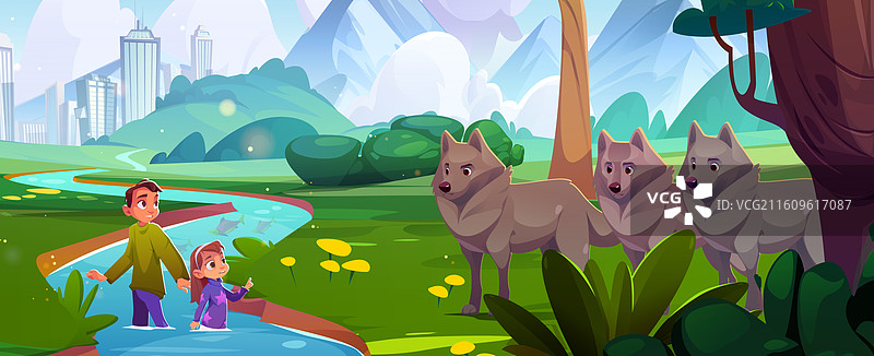 受到惊吓的孩子们在河水中靠近野狼图片素材