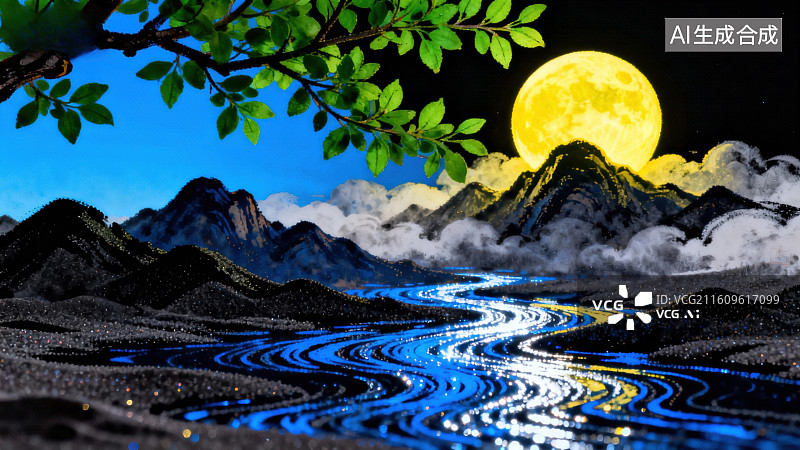 【AI数字艺术】月夜山河倒影图图片素材