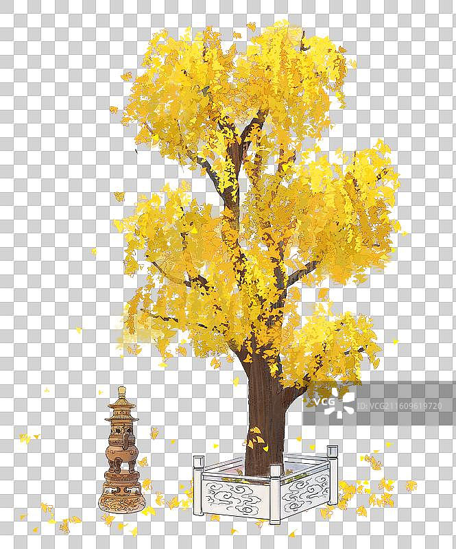 银杏树银杏叶香炉佛塔水墨插画图片素材