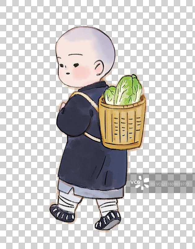 背着竹篓大白菜的小和尚插画图片素材