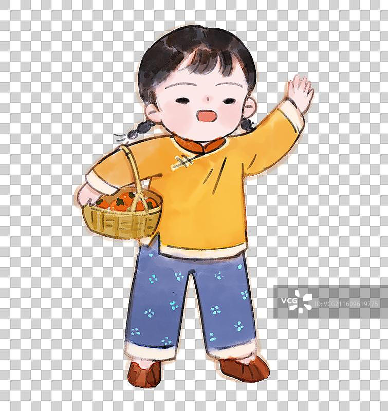 打招呼的小女孩一篮子柿子插画图片素材