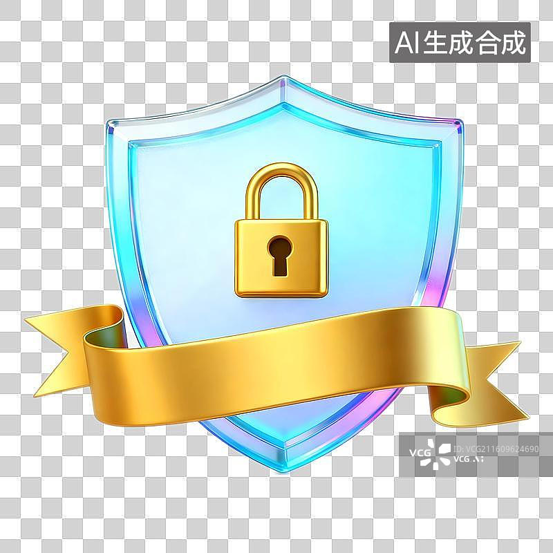 【AI数字艺术】3D立体金色丝带包裹的有金色锁玻璃质感透明盾牌隔离数据病毒图片素材