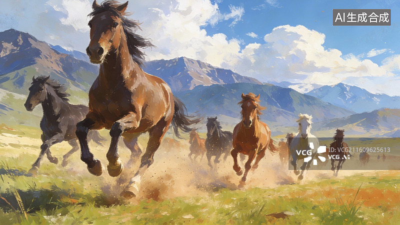【AI数字艺术】群马奔腾于草原山野图片素材