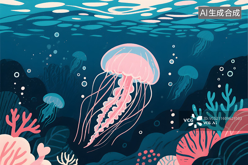 【AI数字艺术】蓝色海洋中的透明精灵图片素材