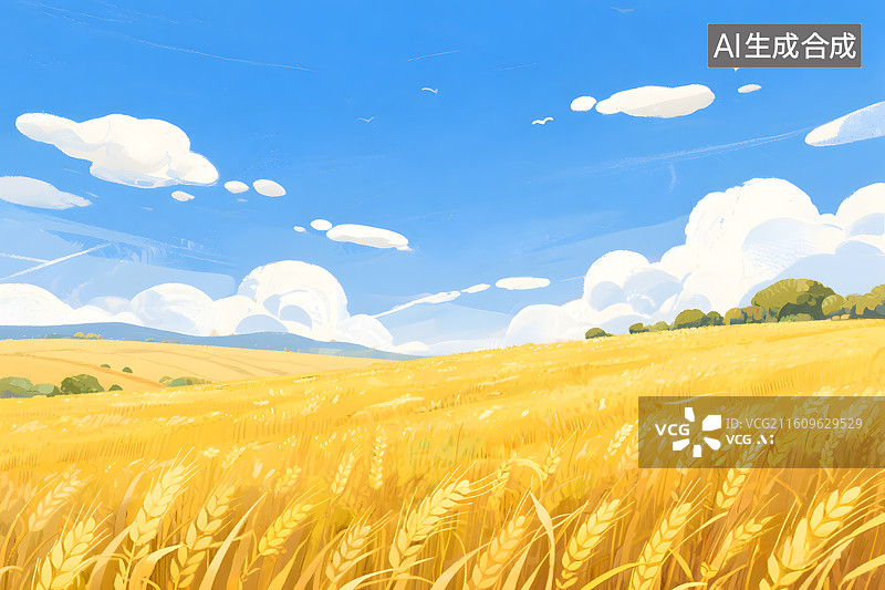 【AI数字艺术】金色麦田与蓝天图片素材