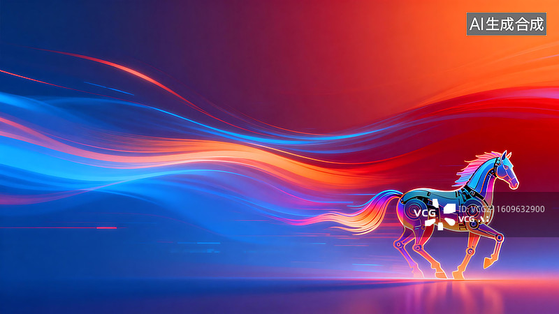 【AI数字艺术】机械马元素 蓝红橙光效渐变背景 现代科技商用装饰设计素材图片素材