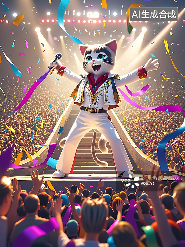 【AI数字艺术】猫咪歌手演唱会，万人空巷图片素材