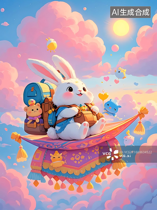【AI数字艺术】兔兔乘坐飞毯遨游云端，梦幻童话世界图片素材