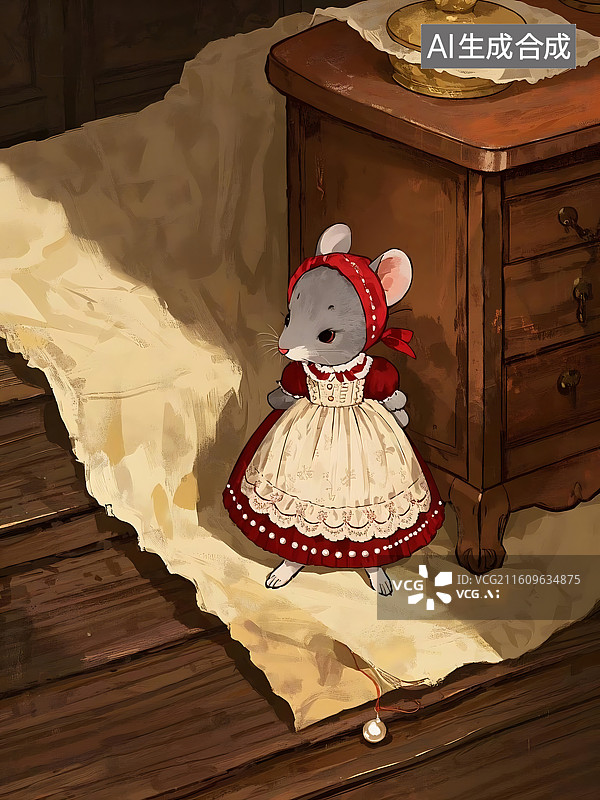 【AI数字艺术】穿着红色连衣裙的小老鼠在温暖的灯光下图片素材