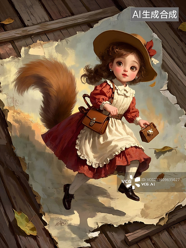 【AI数字艺术】身着红色裙子的女孩在纸上奔跑，后面跟着毛茸茸的尾巴图片素材