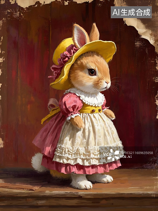 【AI数字艺术】穿着粉色连衣裙和黄色帽子的可爱兔子图片素材