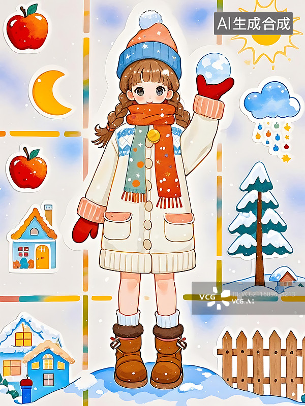 【AI数字艺术】冬日女孩与雪球图片素材