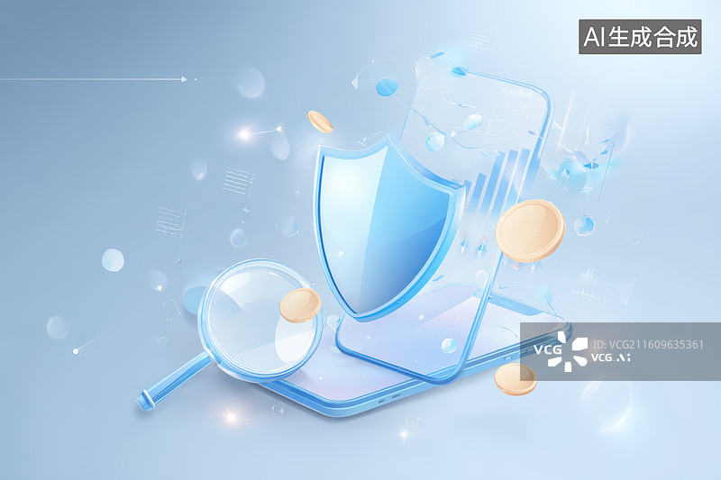 【AI数字艺术】手机盾牌放大镜金融科技背景图片素材