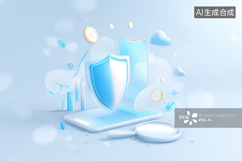 【AI数字艺术】手机盾牌放大镜金融科技背景图片素材