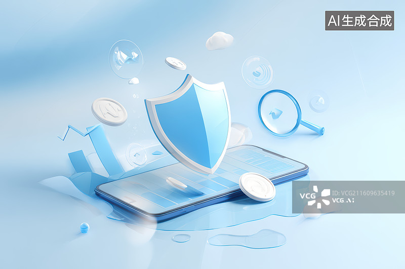 【AI数字艺术】手机盾牌放大镜金融科技背景图片素材