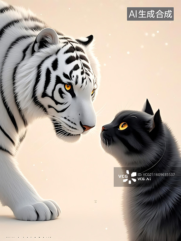 【AI数字艺术】白虎凝视黑猫，奇异的眼神交流图片素材