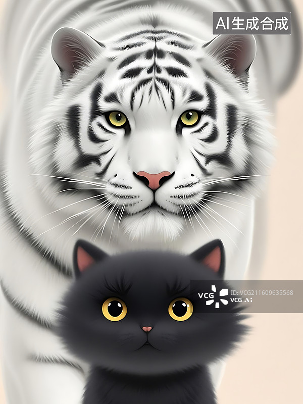 【AI数字艺术】白虎与黑猫的温馨合影图片素材