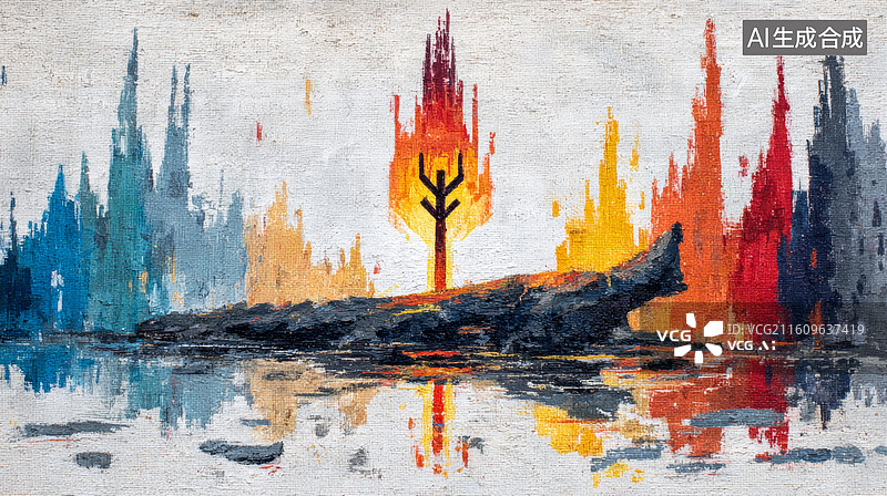 【AI数字艺术】燃烧的树的画作图片素材