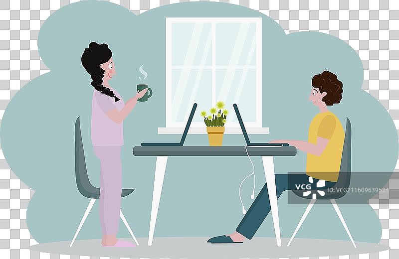 男人和女孩在家在线工作图片素材