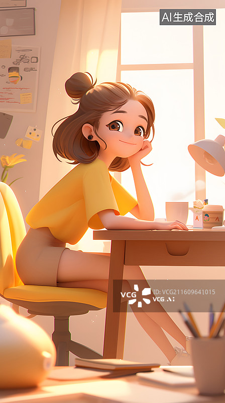【AI数字艺术】丸子头女孩坐书桌前思考图片素材